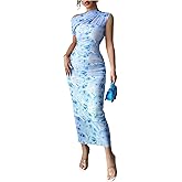 Floerns Women's Off The Shoulder Long Dress Sleeveless Floral Mesh Summer Bodycon Dresses