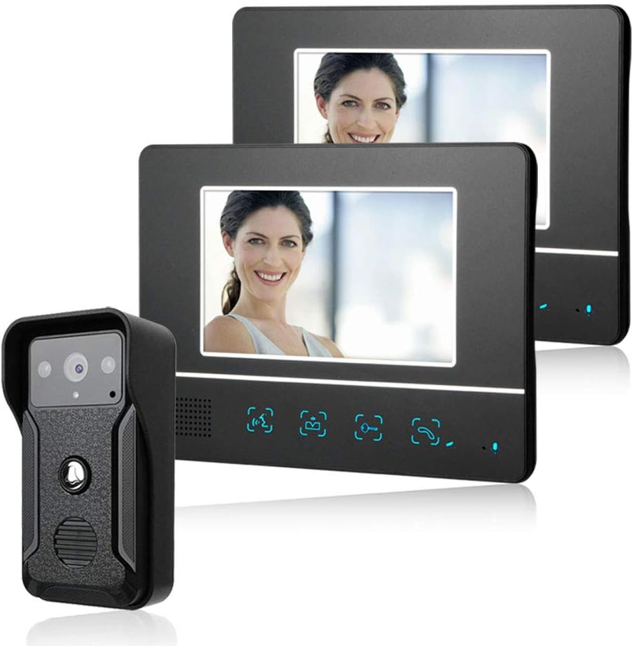 HUIGE Video Doorbell, 1 Drag 2 Hands-Free Intercom Electric Control Unlock Black 7 Inch LCD Screen Touch Button Night Vision Waterproof Doorbell,1drag2