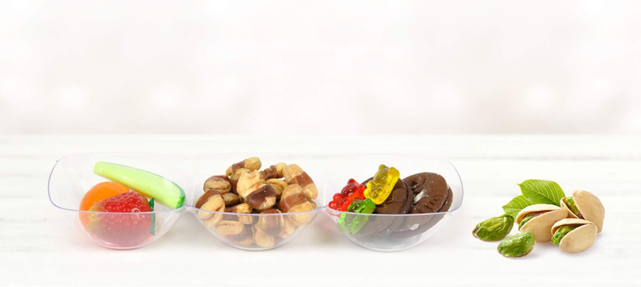 Posh Setting Mini 3 Sectional Plastic Candy Dish | Heavyweight Clear Plastic Disposable Appetizer, Sampler and Candy Dish 15 Count