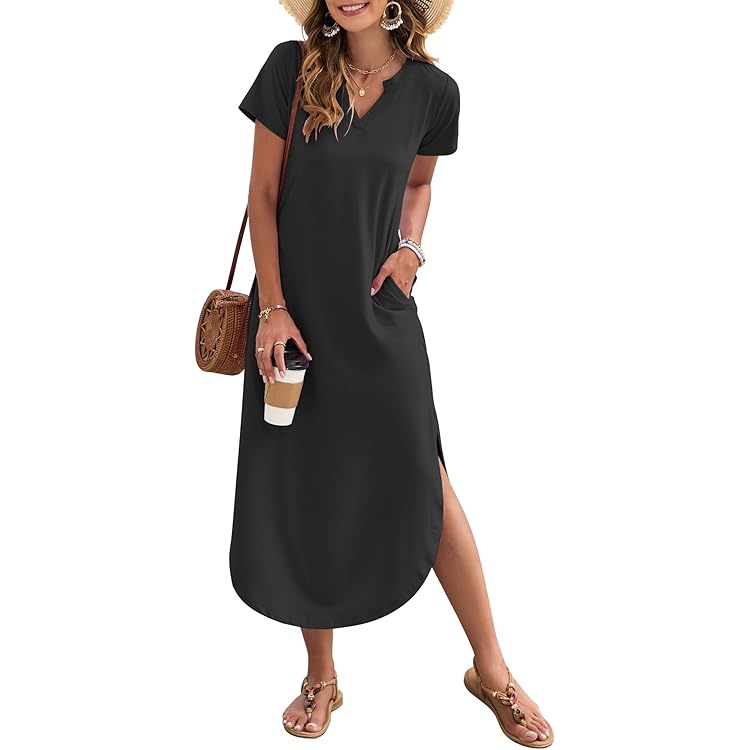 Women's Maxi Dress With Pockets HUSKARY Women's Summer Maxi Dress - Loose  Fit, Side Split, Pockets, Tie-Dye Black, Short Sleeve Huskary Bohi Summer  Dress