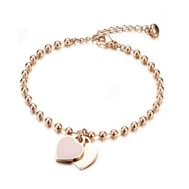 Damen Armband mit Gravur Charm Doppelherz Anhänger Rose Gold Edelstahl Verstellbar Fußkettchen, Geburtstag Abschluss Hochzeit