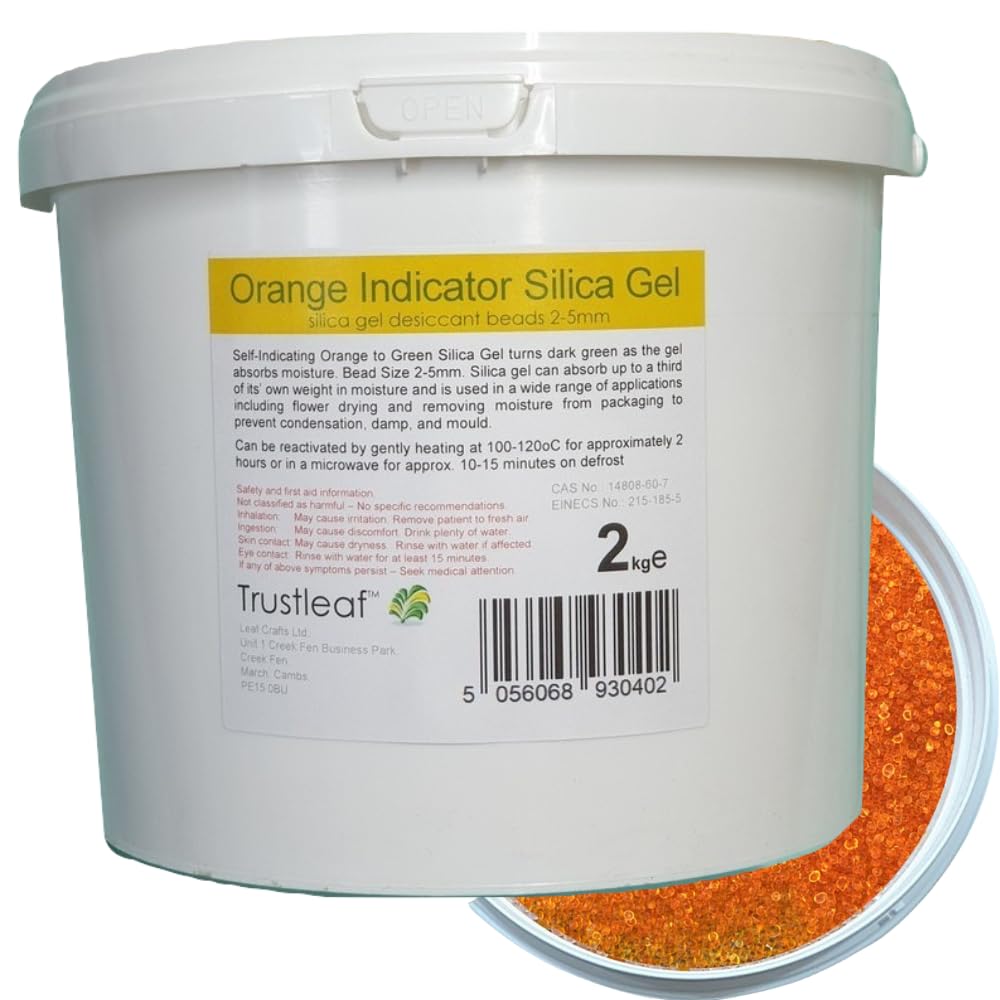 Trustleaf 2kg, 4.4lbs Tub of Orange Self Indicating Silica Gel, 2-4mm Beads - Dehumidify - Flower Drying - 3D Printing - Storage