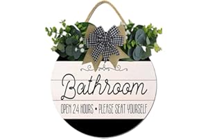 HILONRET Bathroom Decor,Bathroom Open 24 Hours Please Seat Yourself Sign,Rustic Round Wooden Wreath Sign,Modern Farmhouse Home Accent For All The Seasons