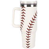 FYSUIMU Baseball Tumbler with Lid Straw 40 Oz Sports Ball Stainless Steel Cup with Handle Red White Travel Coffee Tumbler for Home Office Birthday Party