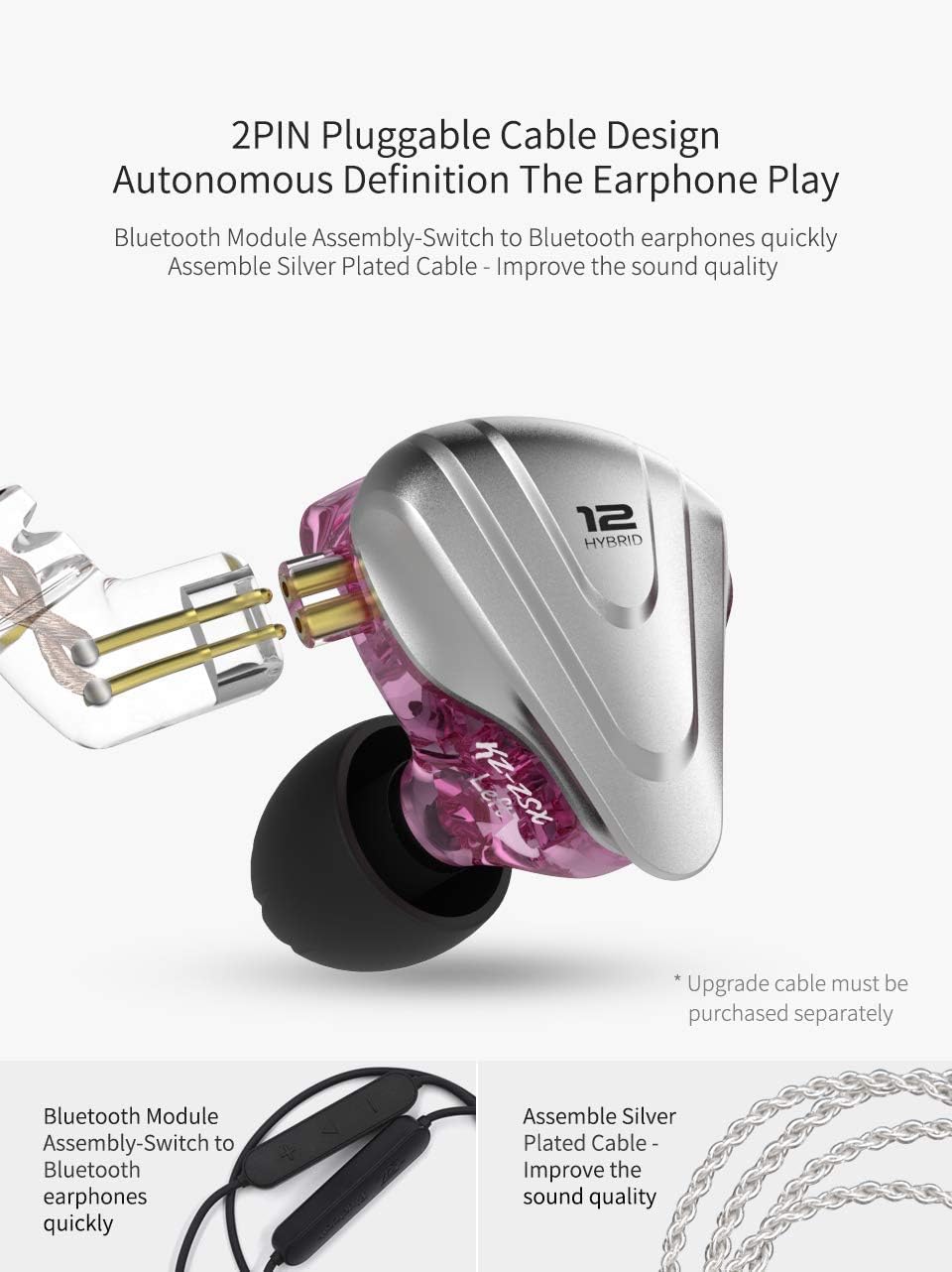 NEX KZ ZSX 5BA+1DD 6 Driver Hybrid in-Ear HiFi Earphones with Zinc Alloy Faceplate, 0.75mm 2 Pin Detachable Cable (With mic, Purple) - Image 4