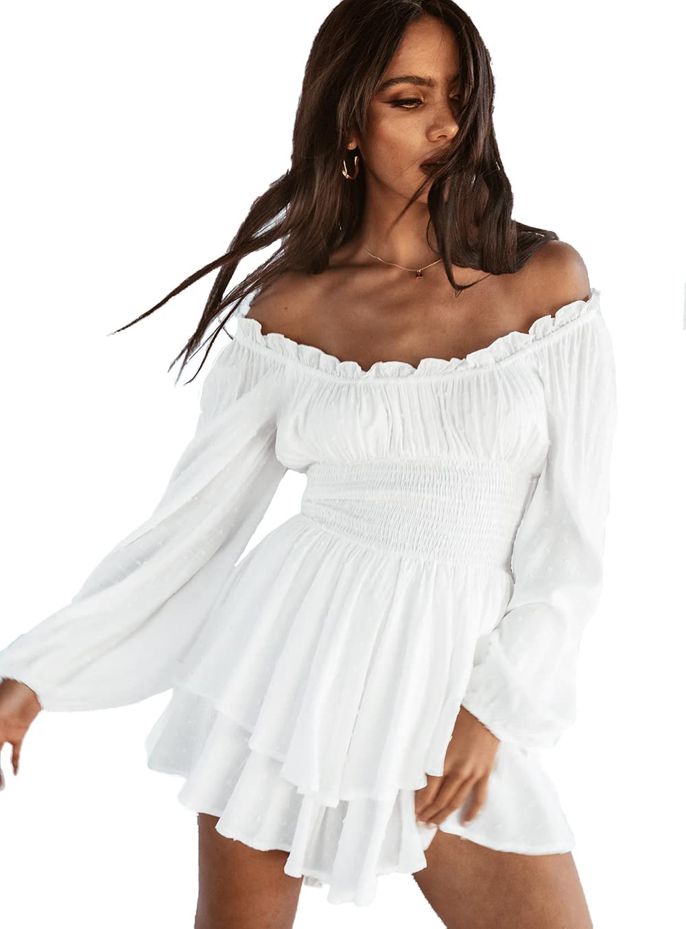 Photo 1 of Fancy Uyee Women's Boho Romper Off Shoulder Ruffle Chiffon Shorts Jumpsuit Playsuits(White 01,M)
