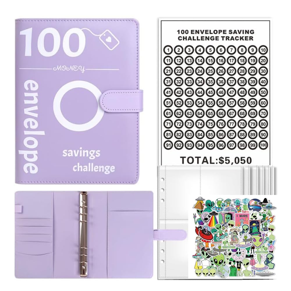 100 Envelopes Saving Challenge,Savings Book with Cash Envelopes Fun Budget Challenges for Money Easy Budget Binder Organizer for Couples Offices Home School (Purple, Alien)