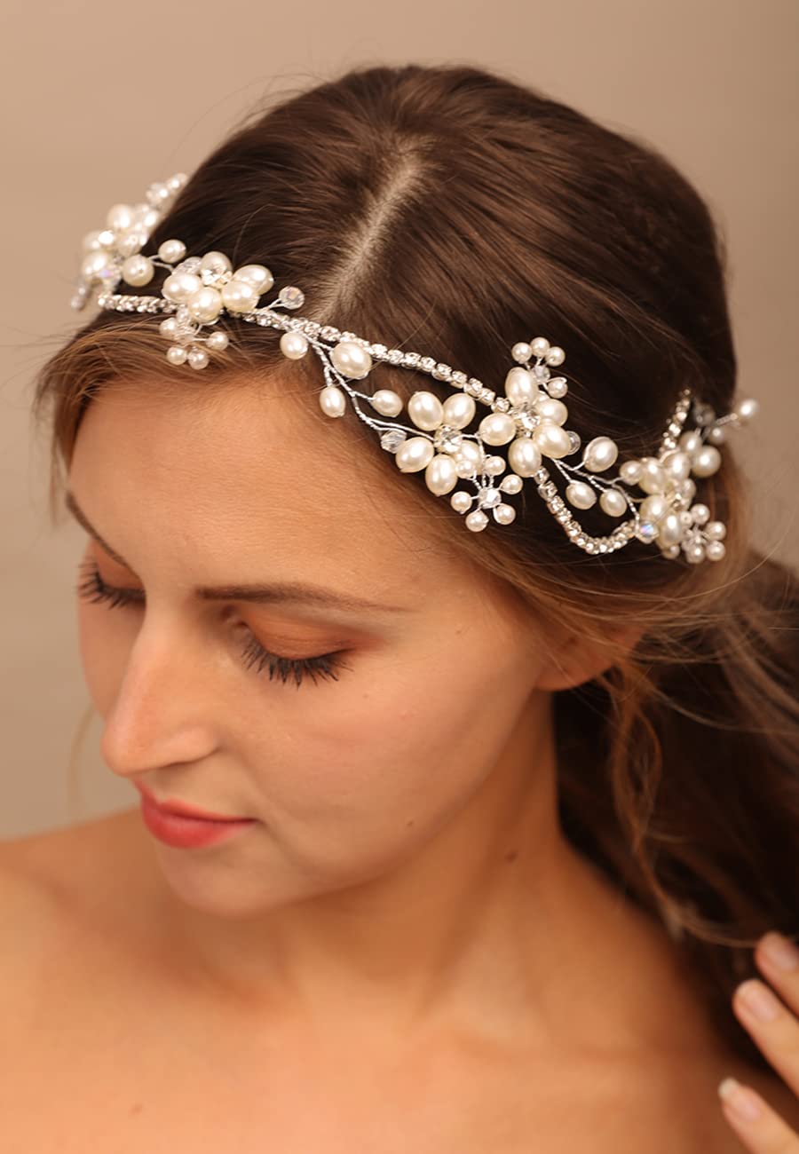 Chargances Bridal Pearl Rhinestone Hair Vine Wedding Silver Flower Crystal Headband Dainty Statement Handmade Hair Accessories for Women and Girls Brides