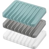 Self Draining Soap Dishes, 3 Pcs Silicone Soap Saver, Waterfall Drainer Soap Holder for Bathroom, Extend Soap Life, Keep Soap Bars Dry Clean &amp; Easy Cleaning (White, Gray, Teal)