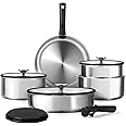 CAROTE 12pcs Pots and Pans Set, Glossy Stainless Steel Cookware Set, Induction Kitchen Cookware Sets with Removable Handle, RV Cookware Set, Oven Safe, Camping Cookware, Black