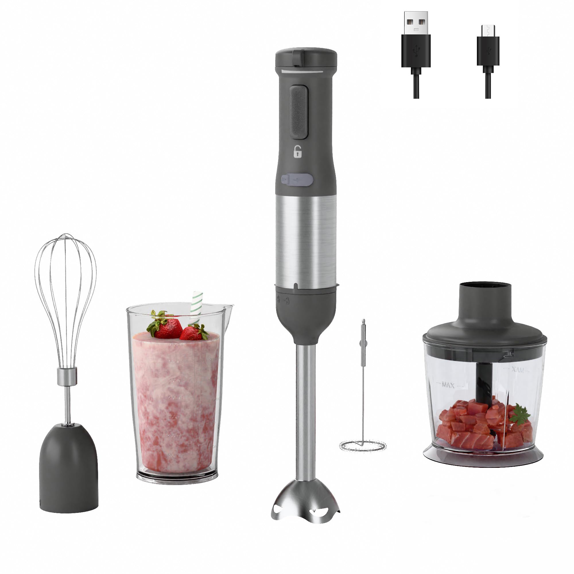 Photo 1 of WHUTO Cordless Immersion Hand Blender, 5-in-1 Variable Speed blender handheld,Rechargeable with 2000mAh Battery, BPA-Free & Dishwasher-Safe Accessories:700ml Beaker,Chopper,Whisk & Milk Frother,Grey