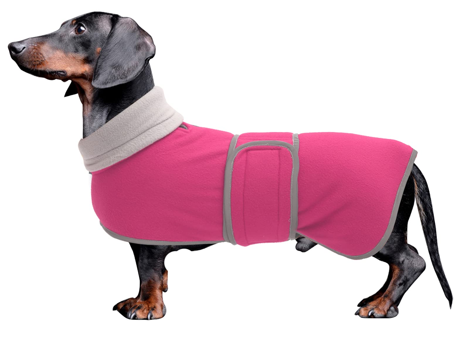 Dachshund coats sausage dog fleece coat in winter miniature dachshund clothes with hook and loop closure and high vis reflective trim safety - Pink - S