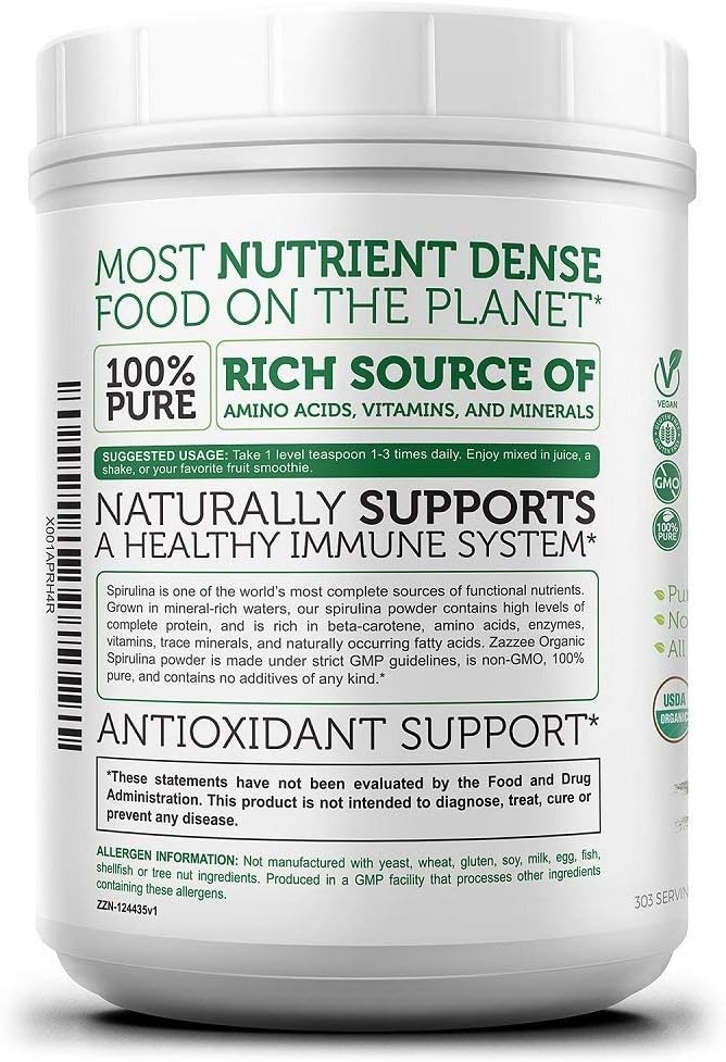 Zazzee USDA Organic Spirulina Powder 2.2 Pounds (1 KG), 303 Servings, 100% Pure and Non-Irradiated, Vegan, All-Natural, and Non-GMO, Mess-Free Wide Mouth Container, Fresh Smell and Neutral Taste: Health & Personal Care
