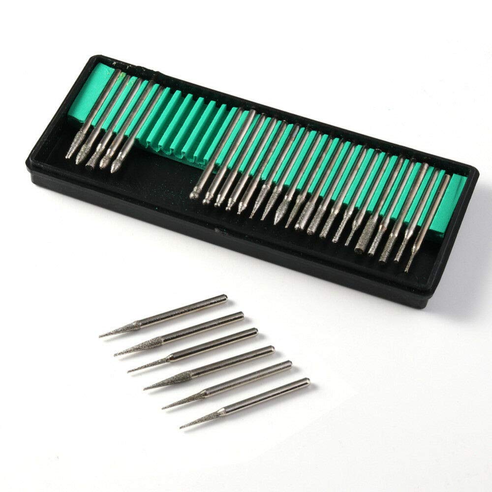 Diamond Burr 30PCS 2.35mm Shank Burr Rotary Set Rotary Burr Diamond Drill Bit Kit for Glass Gemstone Metal Grinding Rotary Tool Accessories