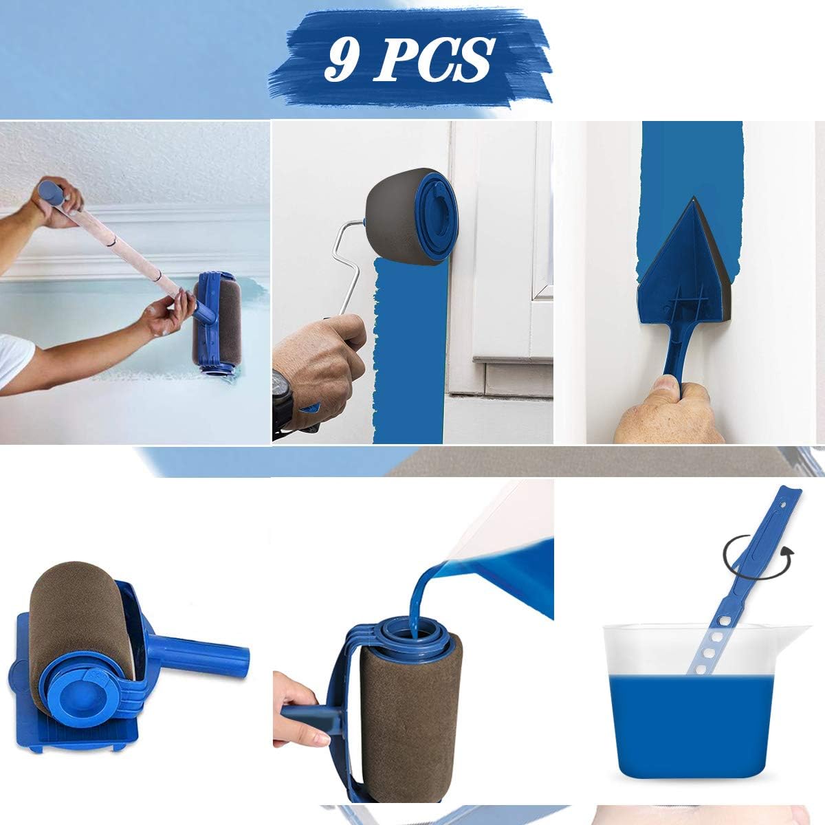 Paint Roller Brush Kit GOCHANGE 9PCS Wall Printing Brush kit With Paint Runner Pro Brush, Wall Printing Brush, 3 Telescopic Poles, Handle Flocked Edger Painting Walls And Ceilings For Home Office Room - - 