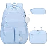 DIGOBAY 3PCS Girls Backpack for School, Kids Backpack for Girls with Lunch Bag Pencil Case, Kids Bookbag Teen Girl Backpacks for Elementary Middle High College School (Blue)
