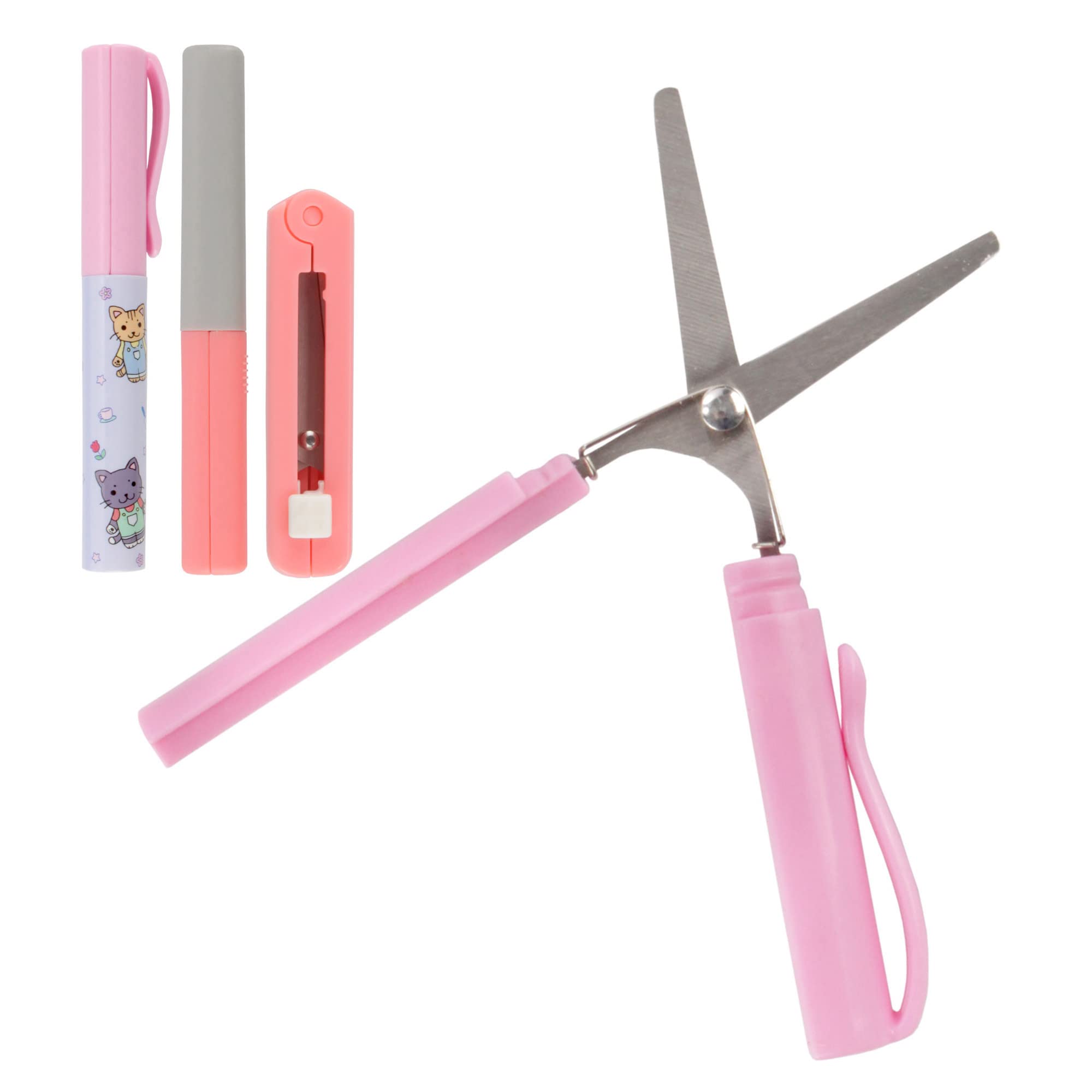 Portable Travel Scissors, Pen & Push Folding Style - Garden Kitty Pen, Pink Pen, Pink Push - 1 Pair Each