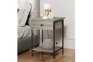 hosote Nightstand with Charging Station, Flip Top End Table with USB Ports and Outlets Farmhouse Night Stand Side Bedside Table with Storage for Bedroom Living Room (Rustic Grey, Small)