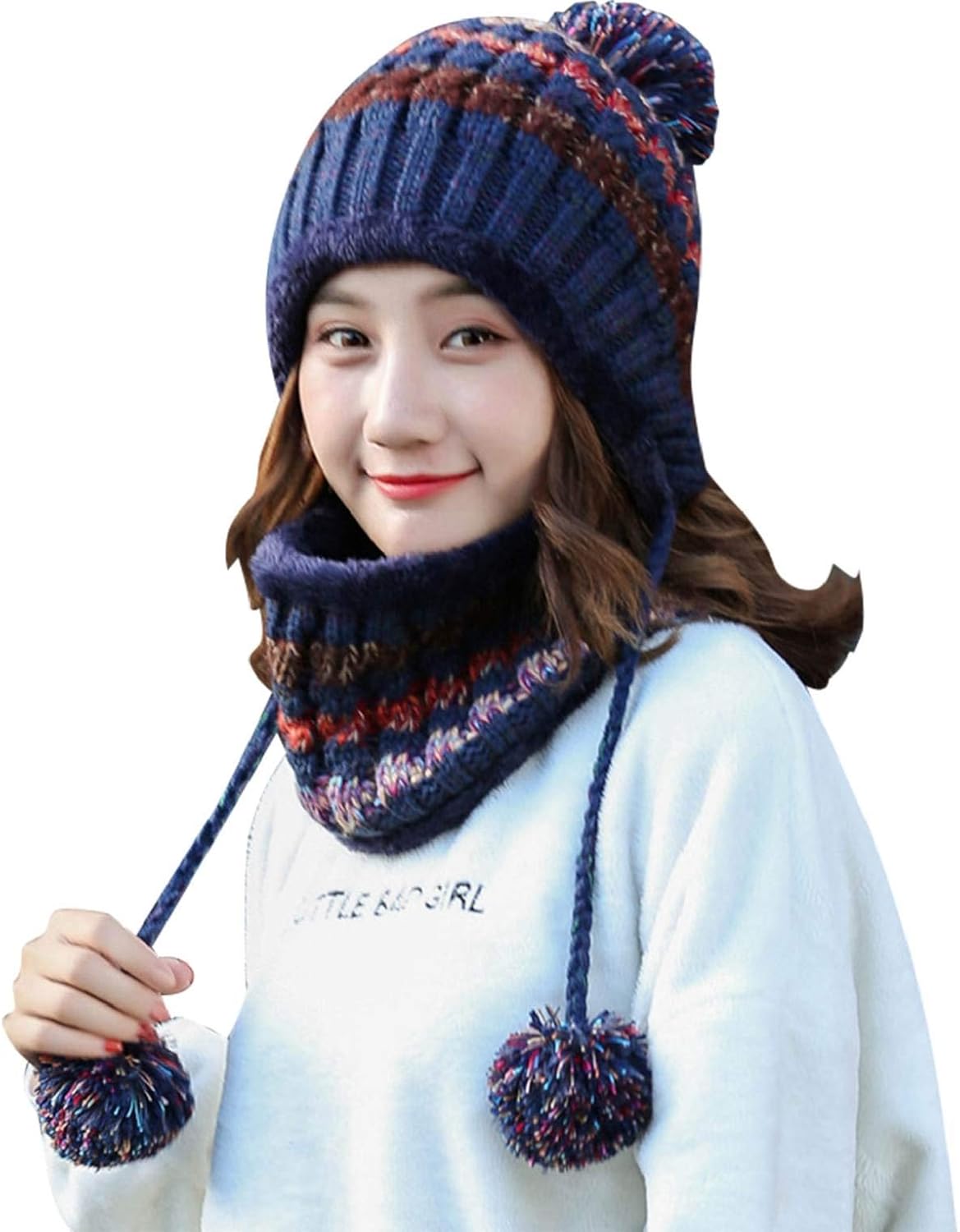 CMTOP Women Hat Scarf Set Warm Thicken Crochet Bobble Cap Outdoor Ski