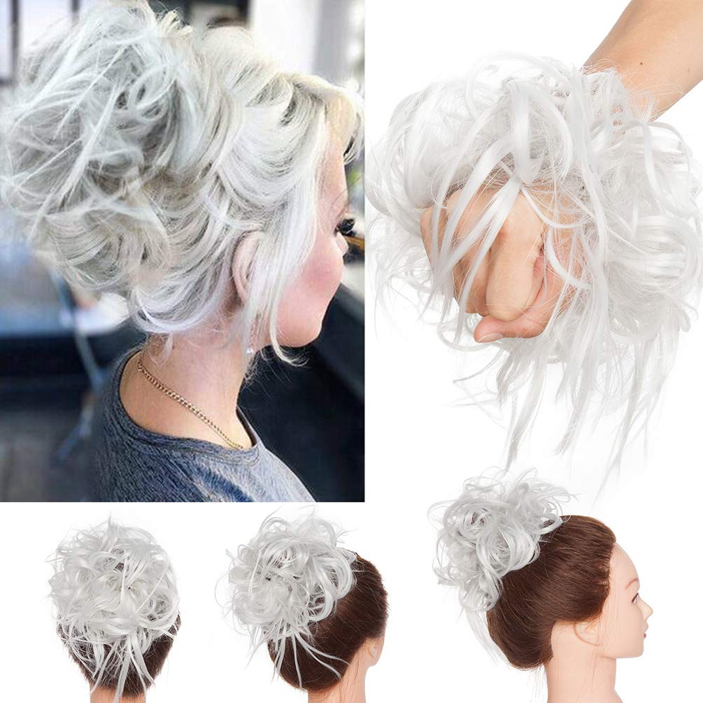 Tousled Updo Messy Bun Hair Extension Instant Ponytail With Elastic Rubber Band Updo Chignon Donut Scrunchies Extensions Hairpiece Synthetic Wavy Hair for Women Silver Gray