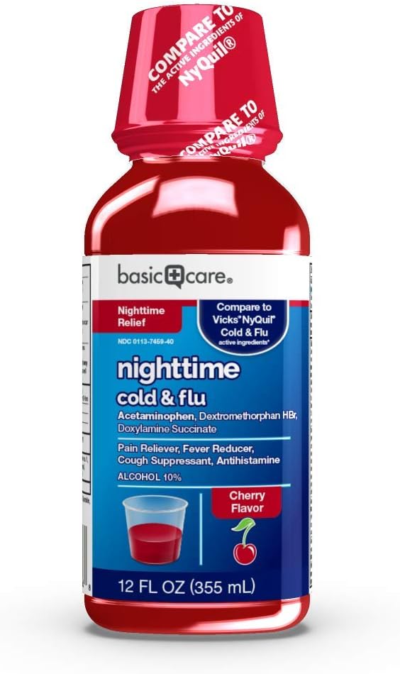 Basic Care Nighttime Cold & Flu Relief, Pain Reliever, Fever Reducer, Cough Suppressant, Antihistamine, Cherry Flavor, 12 Fluid Ounces: Health & Personal Care
