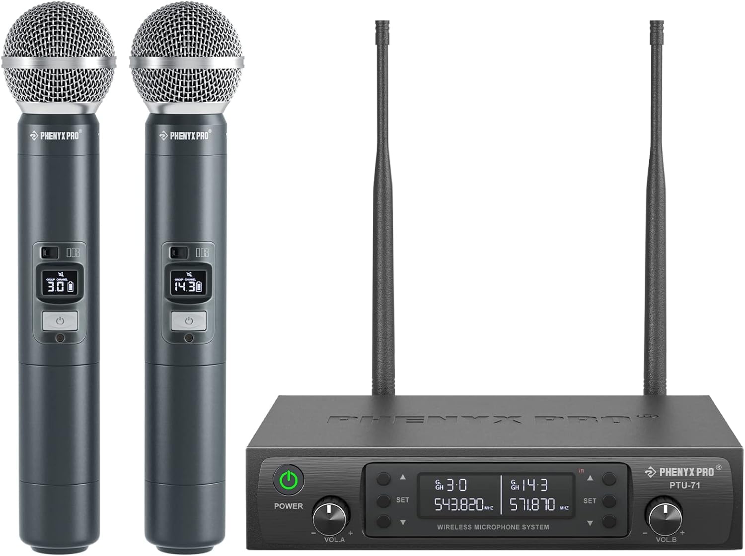 Phenyx Pro Wireless Microphone System, Dual Wireless Mics w/ 2 Handhelds, Auto Scan, 2x100 UHF Frequencies, 328 ft Range, Dynamic Microphone for Singing, Karaoke, Church (PTU-71-2H)