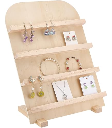 NBEADS 5-Tier Wooden Earring Display Stand – Rustic Jewelry Holder For Cards, Photos, Business Cards – 2.4" Slot Height