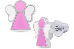 UMAUMI 925 Sterling Silver Angel Pink Stud Earrings for Girls Hypoallergenic Safety Screw Back Rhodium Plated - Angel Pink Gifts Earrings for Baby Toddlers Little Teens Kids Jewelry