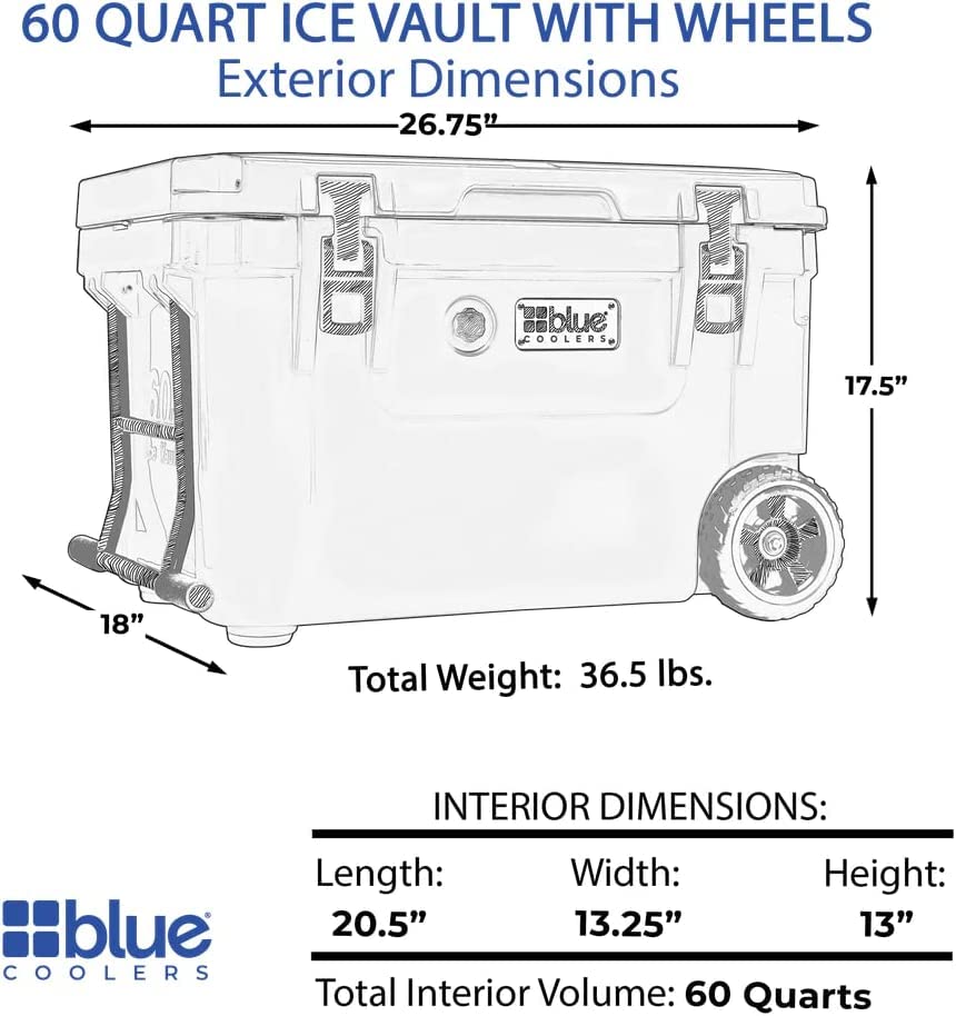 Blue Coolers Ice Vault 60 Quart, RotoMolded Ice Cooler with Wheels