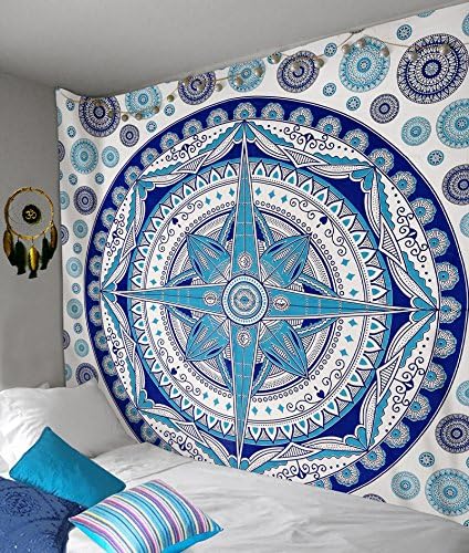 Mandala Decor Tapestries - Queen Size Hippie Compass cotton printed Indian wall hanging tapestry Blue - 82x94 Inches