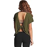 Mippo Womens Open Back Workout Tops Loose Short Sleeve Athletic Gym T Shirts