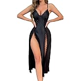 Foxiny Sexy Side Split Long Floral Lace Sheer Dress Lingerie Nightgowns One Piece