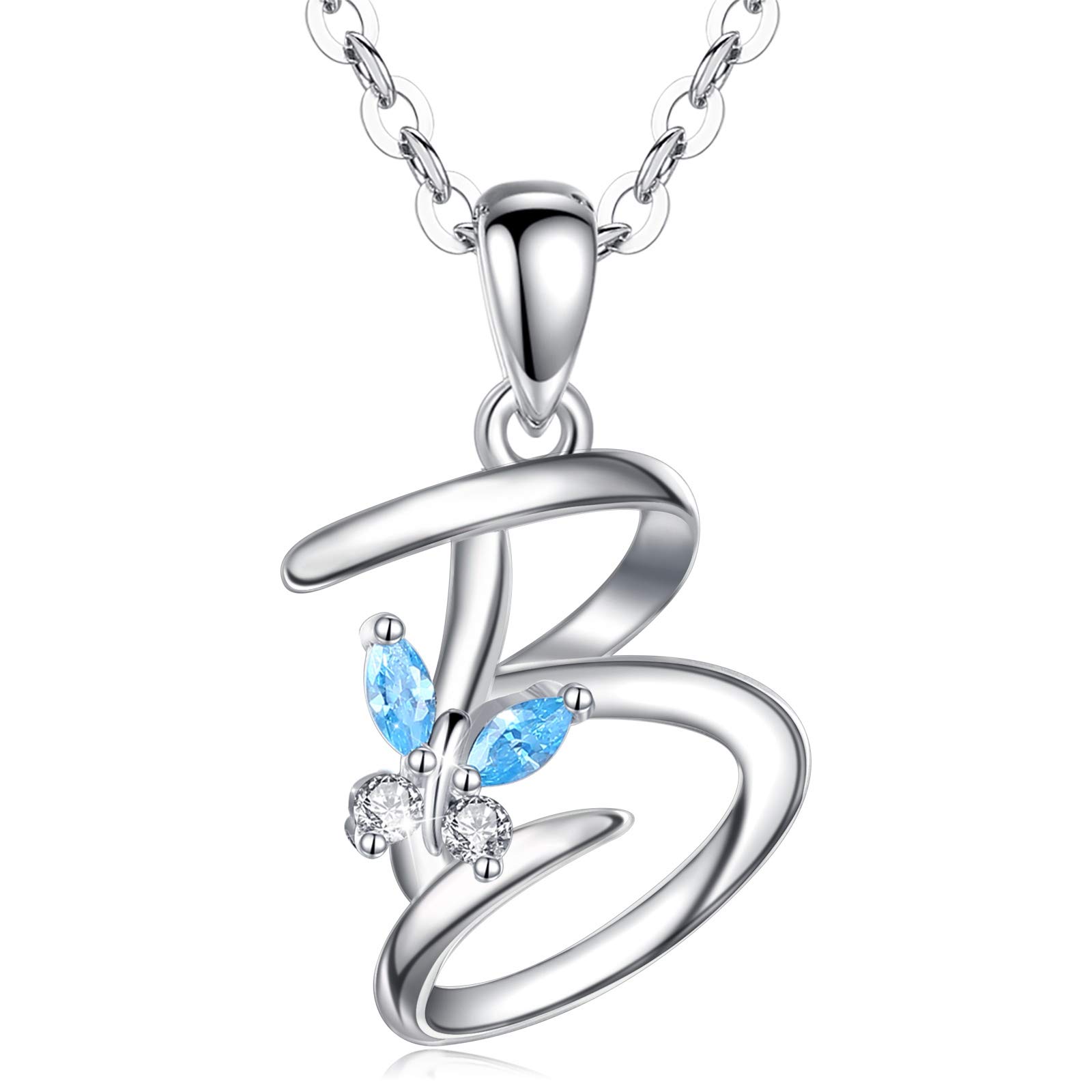 EUDORA Initial Butterfly Necklace 925 Sterling Silver M Alphabet Letter Personalised Pendant Necklaces with Blue Cubic-Zirconia Gifts for Women Ladies Mother's day, 18 inches Chain