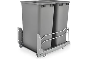 Rev-A-Shelf Double Pullout Trash for Full Height Kitchen Cabinets 50 Quart 12.5 Gallon with Soft-Close Slides, Metallic Silver, 53WC-2150SCDM-217