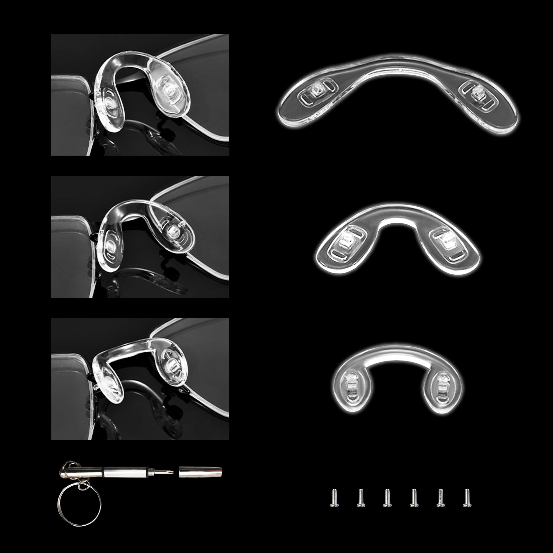 Eyeglass Nose Pads, Soft Silicone Glasses Nose Pads, U Shape Screw-in Glasses Nose Pads, Glasses Repair Kit with Screws and Screwdriver, 3 Different Sizes Suitable for Eyeglass and Sunglasses