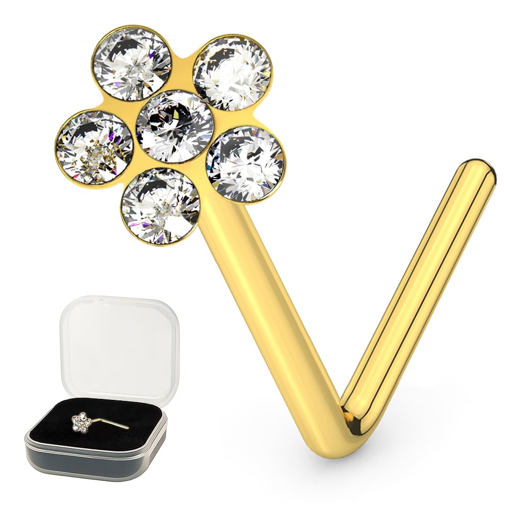 AZARIO LONDON 9K Yellow Gold Clear Multi Crystal Stone Flower 22 Gauge Nose Screw Nostril Piercing