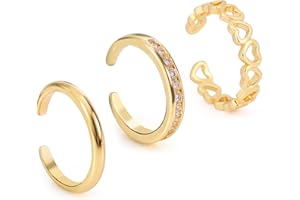 3pcs Toe Rings for Women, 3 Styles Adjustable Gold-Colored Open Thin Toe Ring Dainty Sexy Foot Jewelry Heart Diamonds Plain S