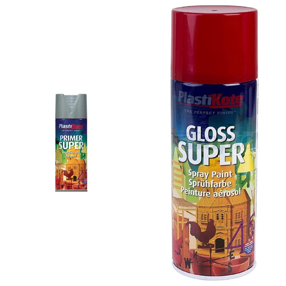 Plasti-Kote 1148 400ml Super Enamel Primer - Grey & 1120 400ml Super Gloss - Bright Red