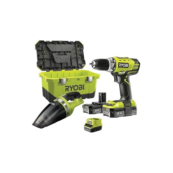 Ryobi Bohrmaschinen-Set 18 V OnePlus RCD18 – 220 – Staubsauger Ryobi CHV182M – 2 Akkus Lithium Plus 18 V 2.0 Ah – 1 Schnellla
