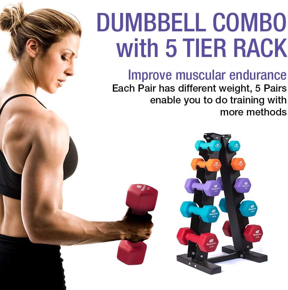 Fitness Alley Steel Dumbbell Rack - 5 Tier Weight Holder & 5 Tier Weight Rack Dumbbell Stand - Dumbbell Holder - Dumbbell Rack Stand (5 Tier Rack & 3, 5, 8, 10, 12 lbs Dumbbells) : Sports & Outdoors