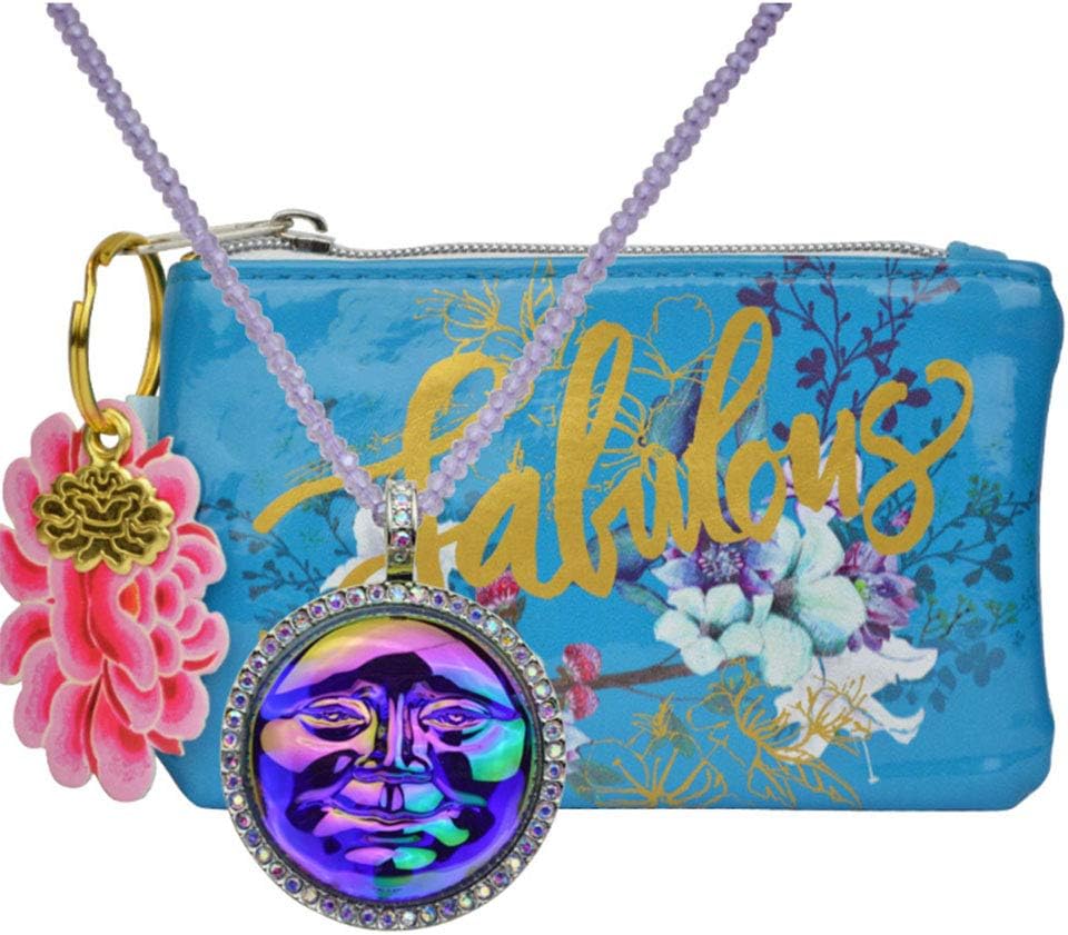 Seaview Water Moon Pendant Charm 32" Beaded Necklace silvertone - Free Coin Purse