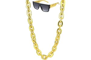 Riuziyi 40inch/101cm Big Chunky Fake Gold Chain with Twist Leg Punk Sunglasses, Hip Hop Rapper Costume Plastic Jewelry Necklace, 2Pack 80s 90s Party Costume Accessory for Men Women