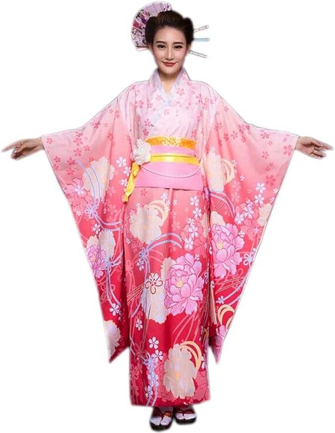 YL Women's Satin Cherry Flower Japanese Kimono Yukata Cosplay Costume