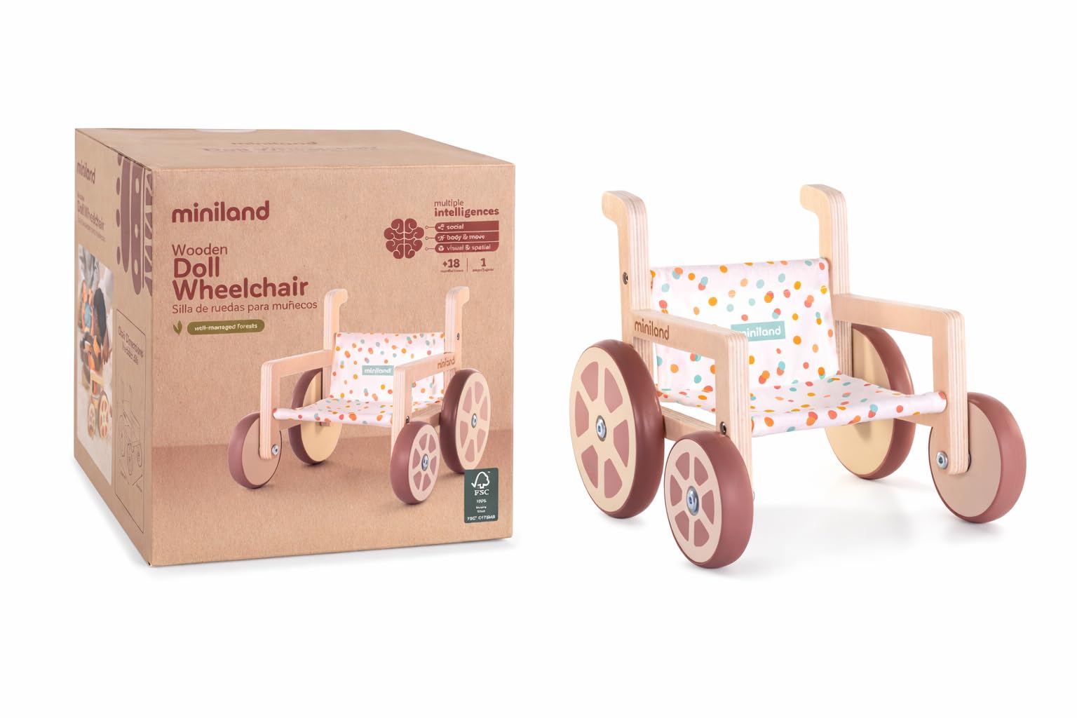 Miniland Doll Stroller, Inclusion Set, Made with ECO Wood Materials, Up to Dolls 38cm | Weelchair