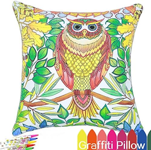 Fastness Cat Owl Pattern DIY Graffiti Decorative Coloring Pillowcase, 18 Inch Square with A Set of 12 Doodle Color Pens