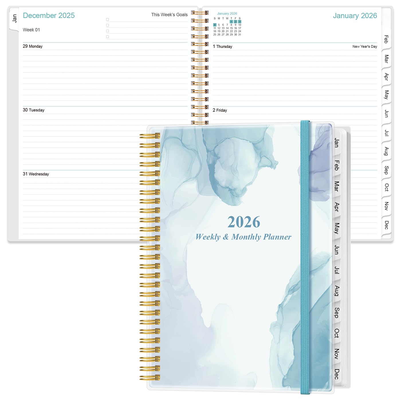 Photo 1 of 2026 Planner - Planner 2026 from January 2026 to December 2026 with 12 Monthly Tabs, Flexible Cover, Inner Pocket, 8.5" x 11", Blue Watercolor