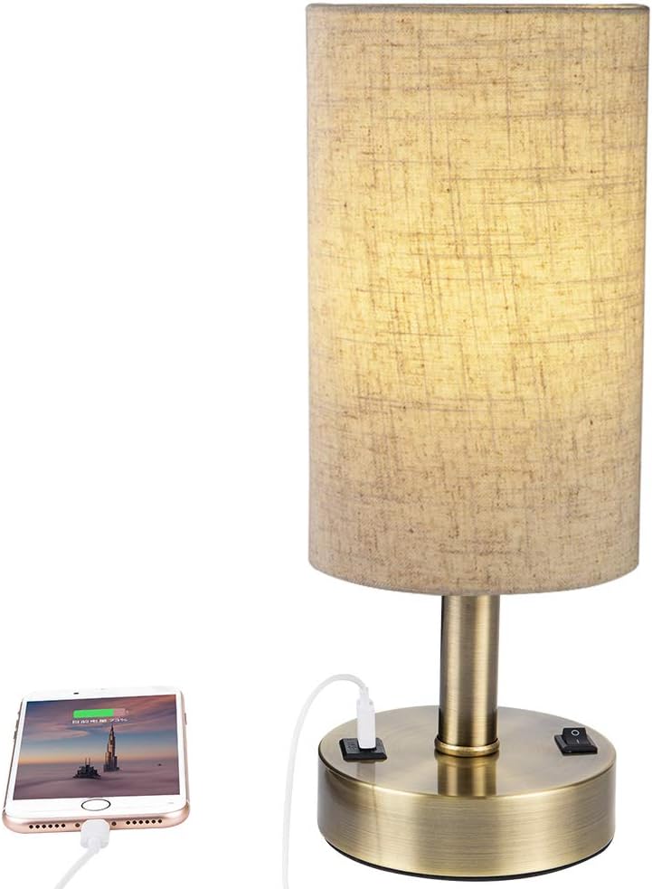 USB Table Lamp DEEPLITE Bedside Lamp with 5V / 2A USB Charging Port, Nightstand Lamp for Bedroom, Living Room, Bronze Metal Base, Cylinder Lampshade