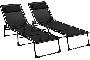 Outsunny 2 Pieces Folding Lounge Chair, 4-Level Adjustable Chaise Lounge with Headrest, Tanning Chair Beach Bed, Reclining Lo
