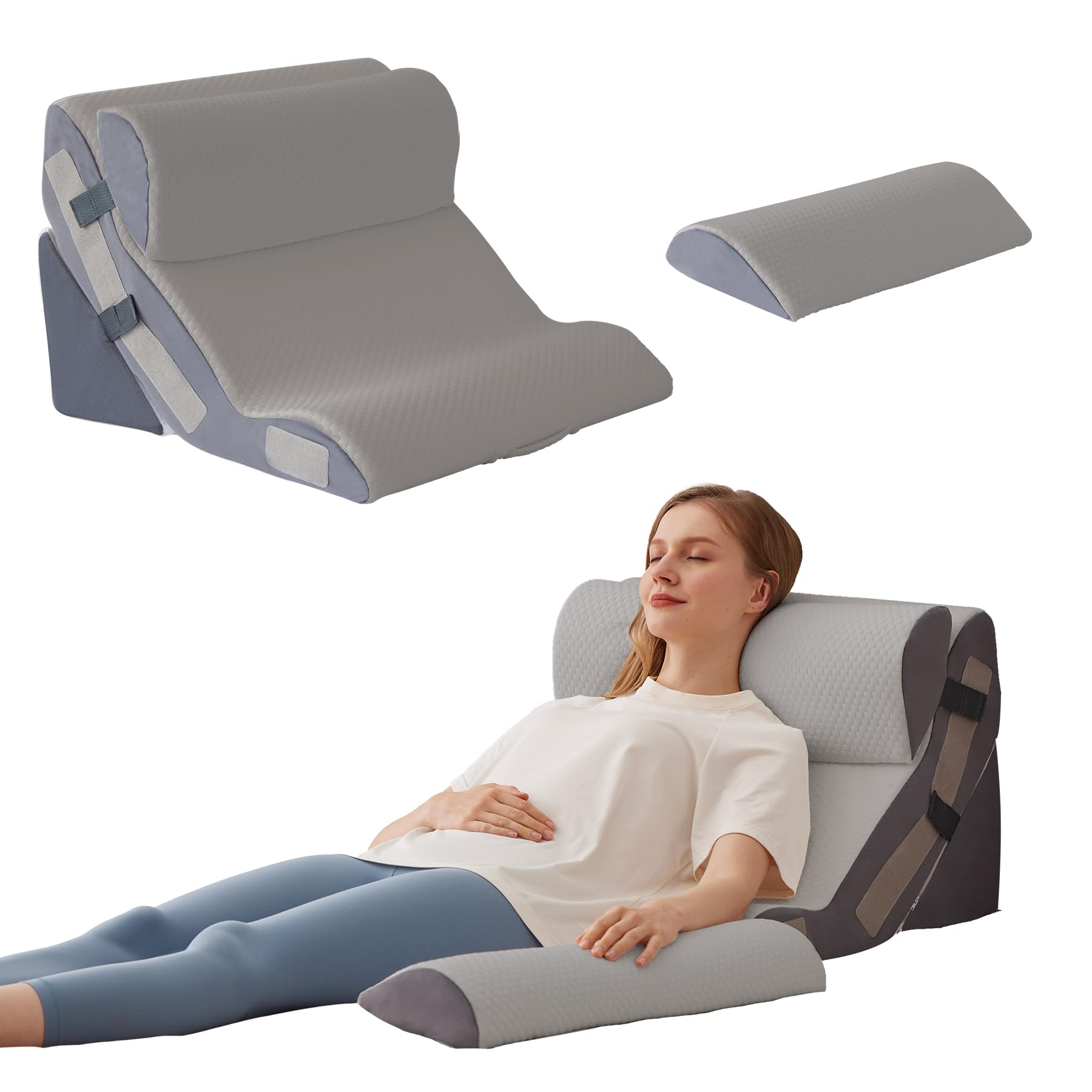 Photo 1 of Ahpmeoa 4PCS Orthopedic Bed Wedge Pillow Set for Sleeping, Sitting up in Bed, 6-in-1 Foam Wedge Pillow for Acid Reflux & Back Pain Relief & Leg Elevation, Post Surgery Pillows for GERD & Snoring, Grey