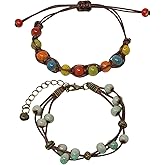 yueton 2 Pack Porcelain Beads Bracelets Boho Handmade Ceramic Beads Bracelet Adjustable Bracelet for Women